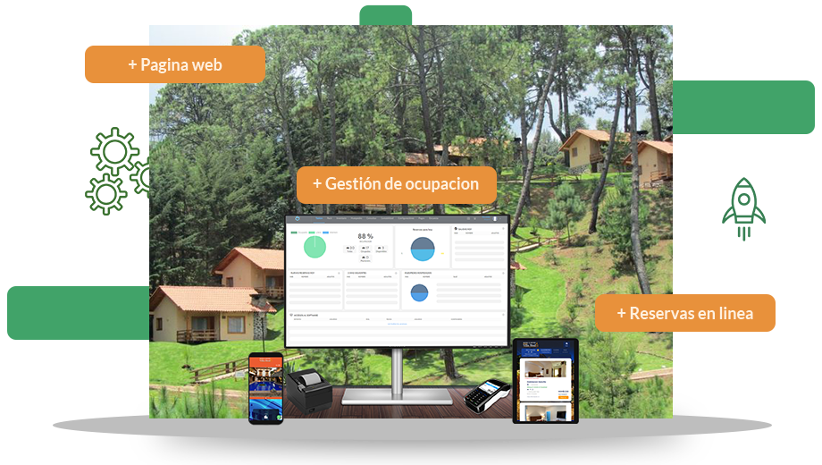 Banner de software administrativo para cabañas mostrando un complejo turistico administrato con una comptutadora tablet y celular