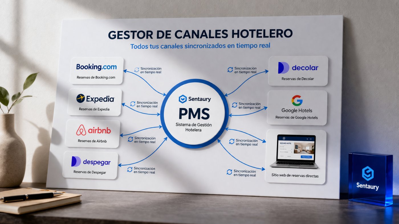 Diagrama del channel manager hotelero como hub central conectando PMS con Booking.com, Expedia, Airbnb, Despegar y motor de reservas directo