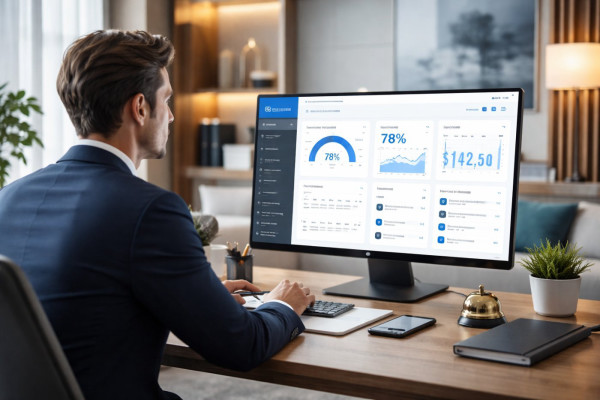 Revenue management hotelero: gerente revisando métricas de RevPAR, ADR y ocupación en dashboard de gestión de ingresos