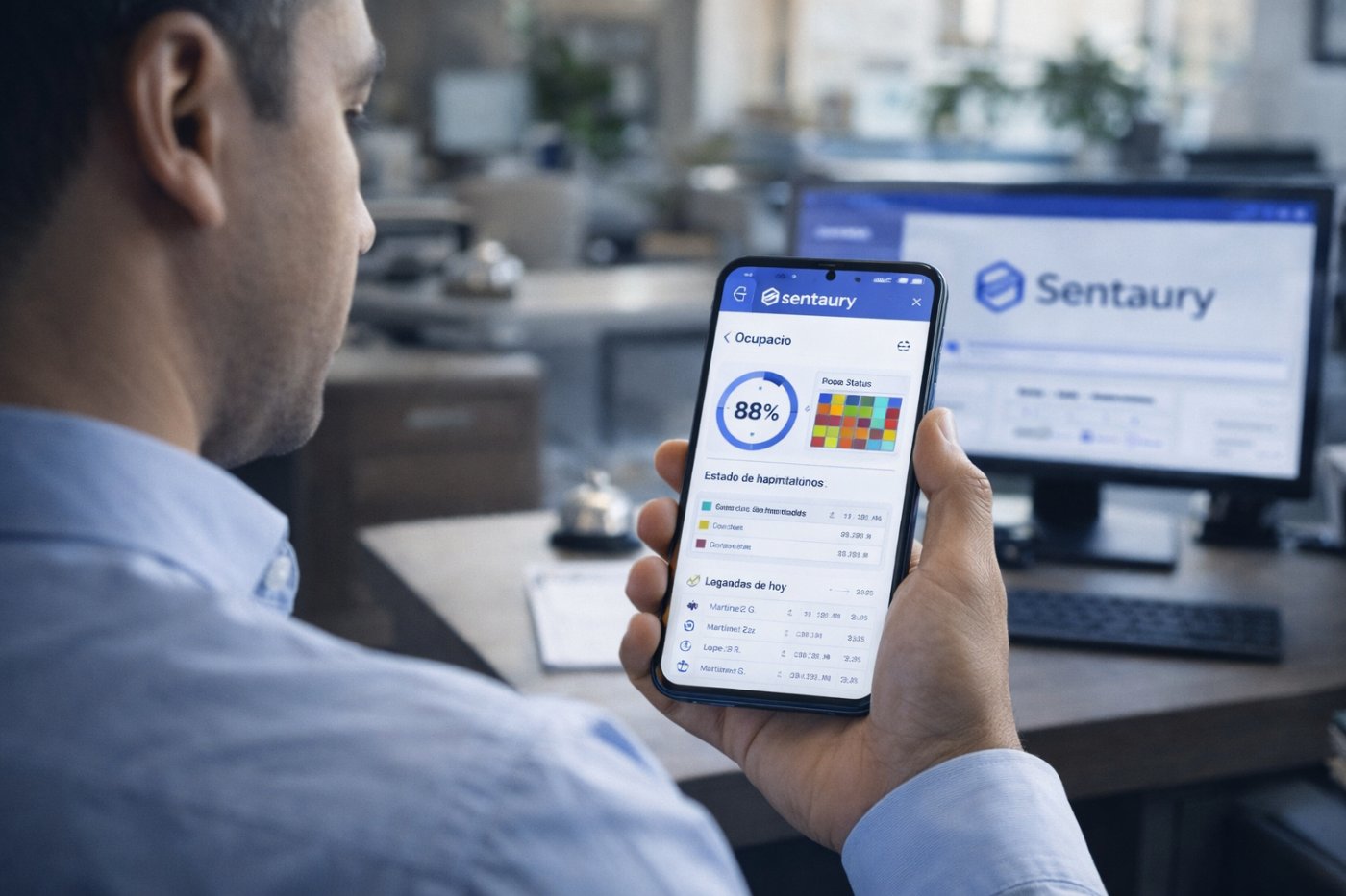 PMS hotelero con acceso móvil: gerente revisando ocupación y estado de habitaciones en tiempo real desde su smartphone