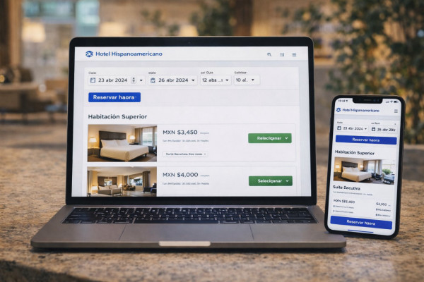 Motor de reservas para hoteles: interfaz de booking engine en sitio web de hotel con proceso de reserva directo en español