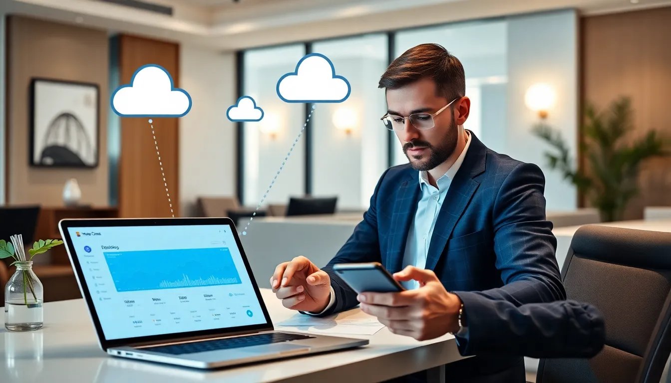 Hombre formal administrando un sistema hotelero moderno y en la nube