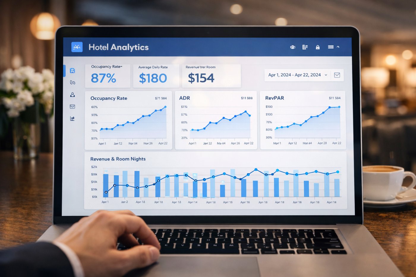 Gráficas y métricas hoteleras en un dashboard profesional.