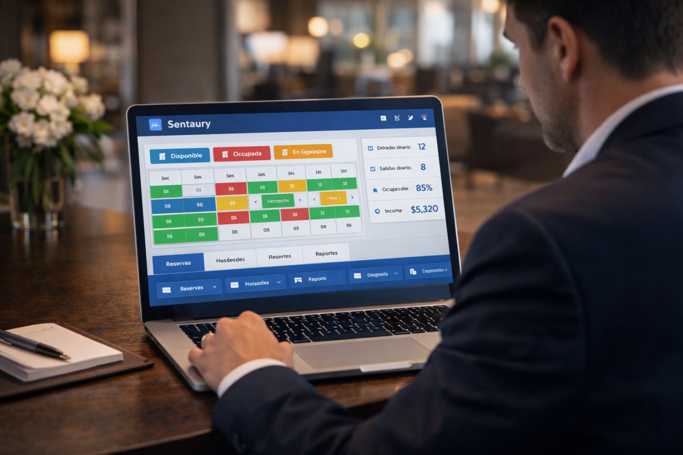Hotelero analizando un PMS moderno para evitar errores en la gestión hotelera.