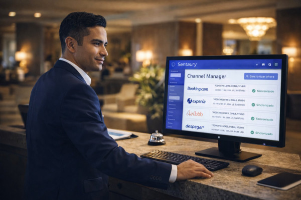 Channel manager para hoteles: panel de control mostrando sincronización en tiempo real con Booking.com, Expedia, Airbnb y Despegar