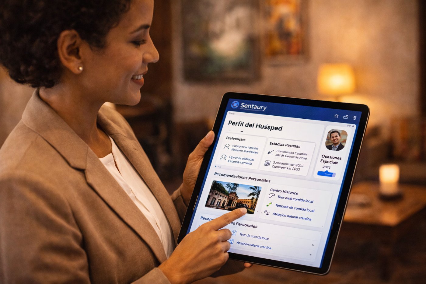 Concierge de hotel boutique usando CRM del PMS para personalizar la bienvenida con preferencias e historial completo del huésped