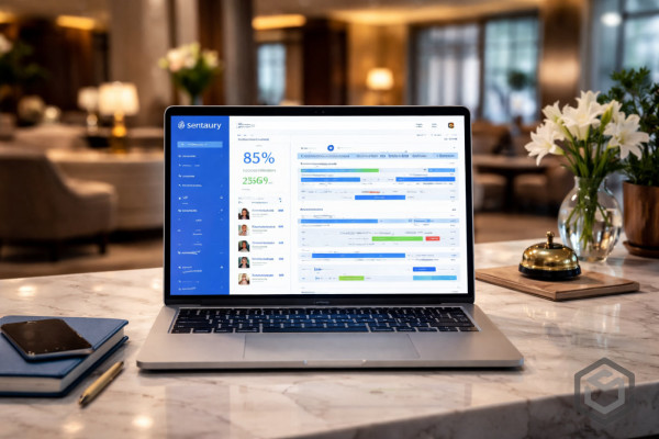 PMS hotelero en funcionamiento: sistema de gestión de propiedades en recepción de hotel moderno latinoamericano