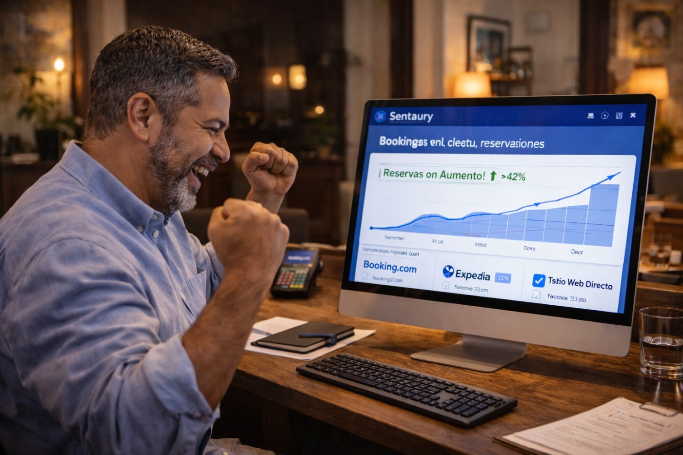 Sistema de reservas para hotel funcionando: tablero con reservas sincronizadas de múltiples canales y tendencia creciente de reservas directas