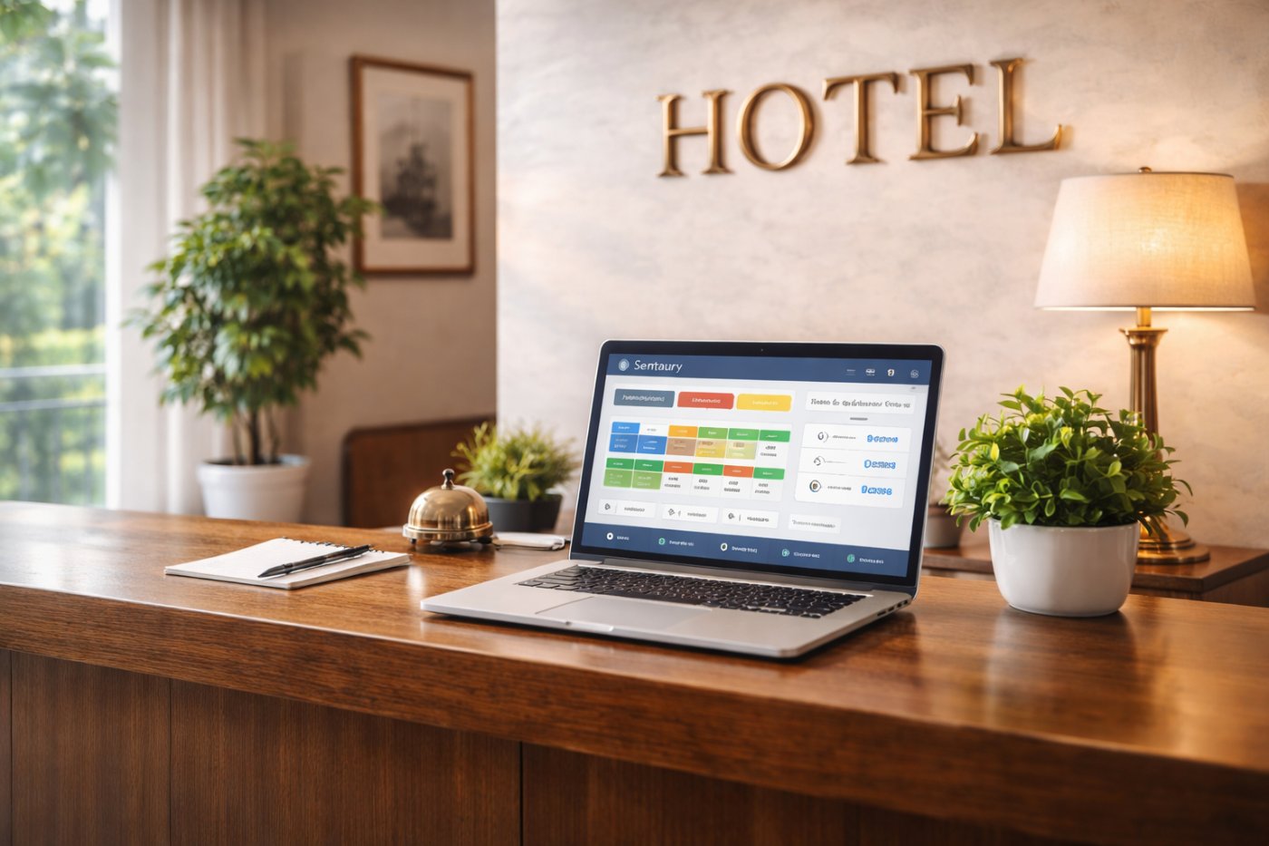 Recepción de hotel pequeño utilizando un sistema PMS en computadora