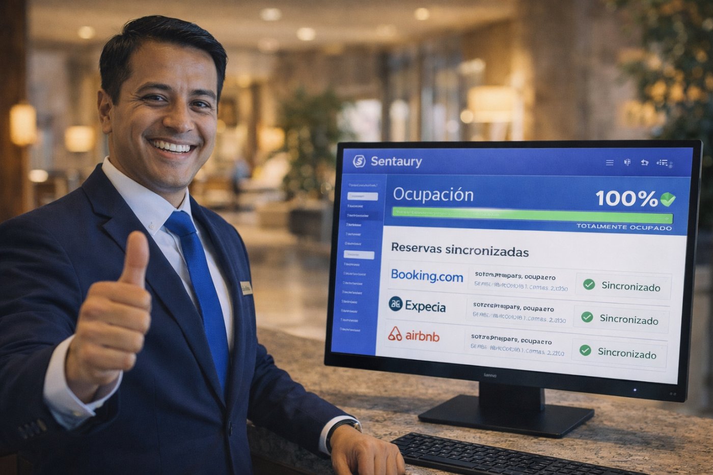 Gerente hotelero con ocupación completa gracias al channel manager integrado de Sentaury sincronizando todos los canales en tiempo real