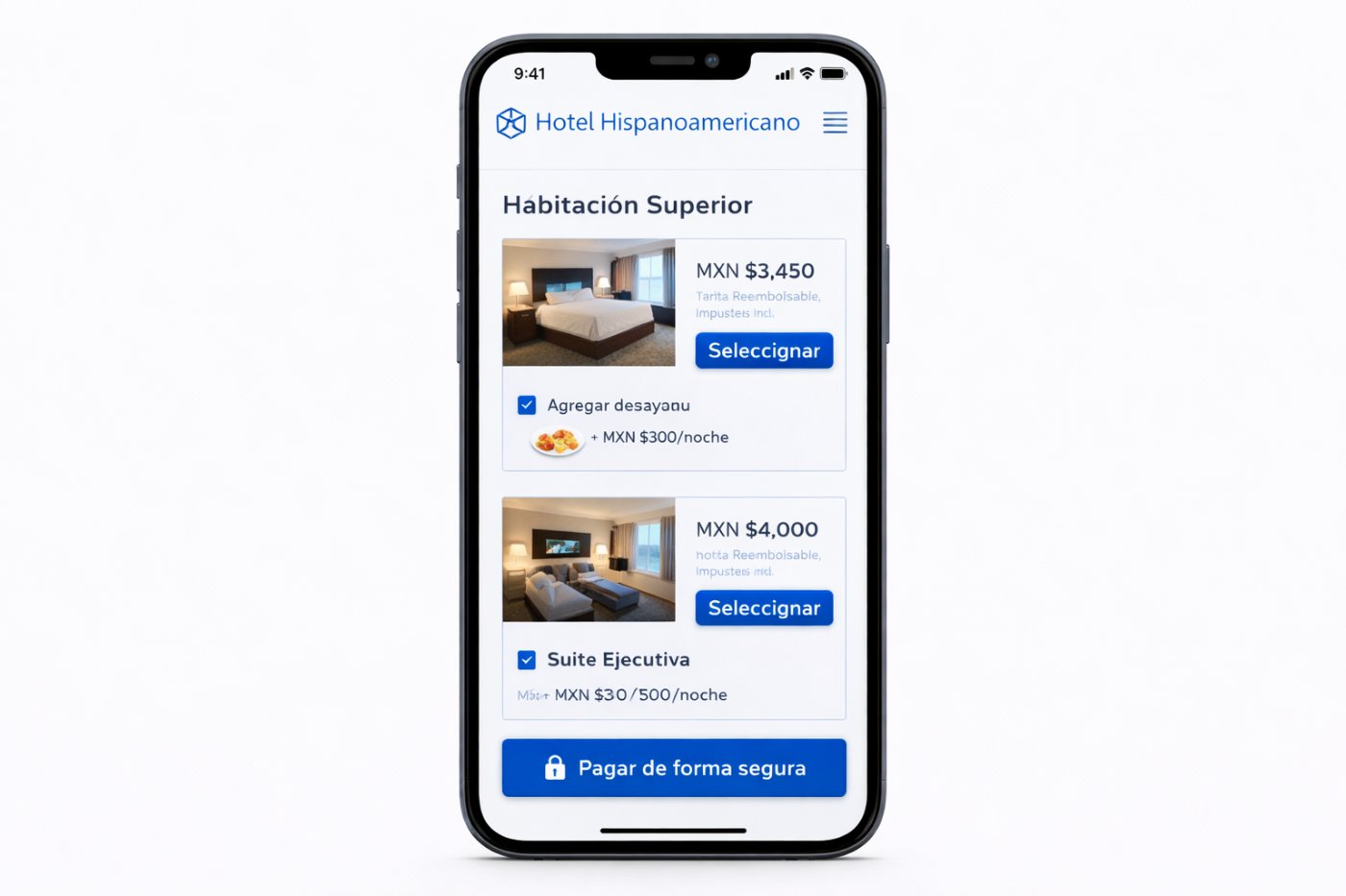 Motor de reservas hotelero en móvil: selección de habitaciones con upselling integrado y pago seguro desde smartphone