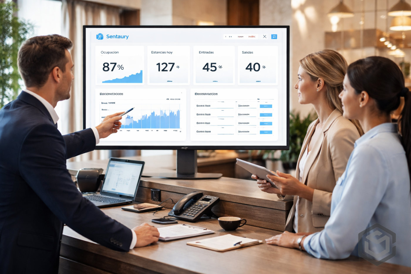 Equipo hotelero revisando opciones de software para hoteles en pantalla