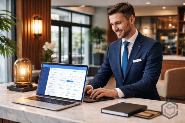 Recepción de hotel boutique usando motor de reservas propio moderno