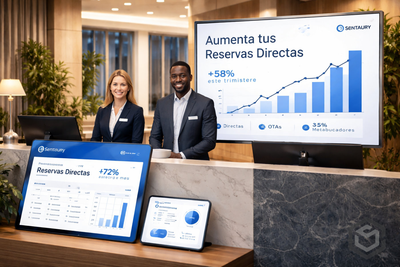 Hotel moderno con gráficos de aumento de reservas directas hotel