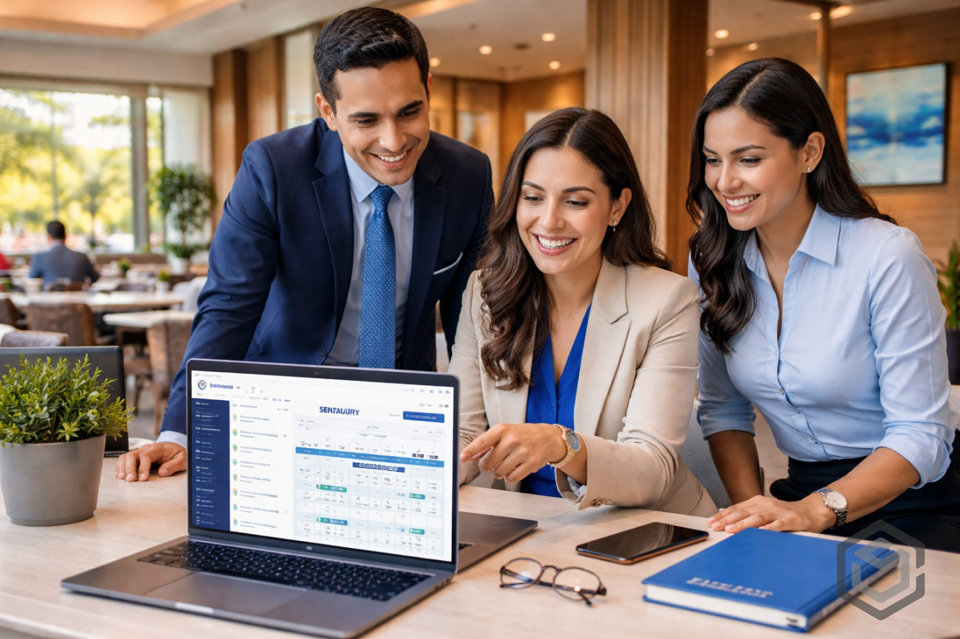 Equipo gestionando hotel familiar con tecnología avanzada